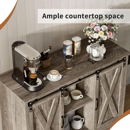 4 EVER WINNER Farmhouse Coffee Bar Cabinet with Sliding Barn Door, 42” Coffee Bar Table with Adjustable Shelves, Buffet Cabinet with Storage for Kitchen Living Dining Room, Wash Grey