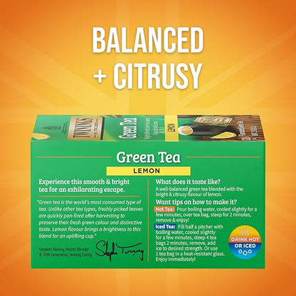 Twinings Green Tea with Lemon Individually Wrapped Bags, 20 Count (Pack of 1), Zesty Citrus Aroma & Flavour, Caffeinated, Enjoy Hot or Iced, 20 Teabags