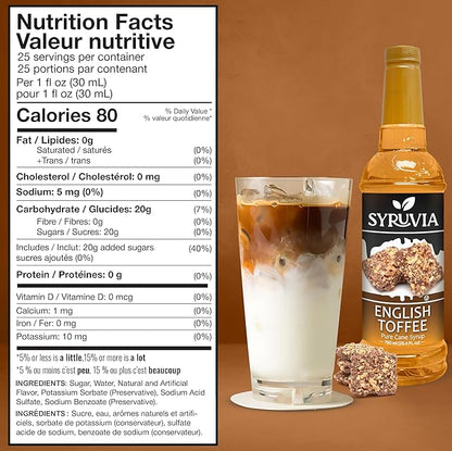 Syruvia English Toffee Coffee Syrup - 25.4 fl oz. Kosher and Gluten-Free. Perfect for enhancing drinks, sodas, shakes, desserts, and more.