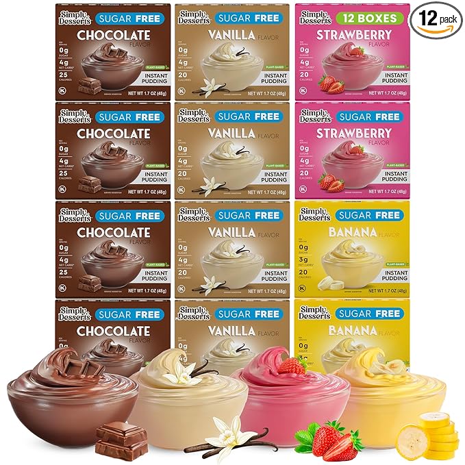Simply Desserts Vanilla, Strawberry, Banana & Chocolate Instant Pudding, Sugar-Free, Variety 12-Pack – Gluten-Free Dessert, Keto Snacks, Diabetic Friendly & Kosher, 1.7 Oz Ea