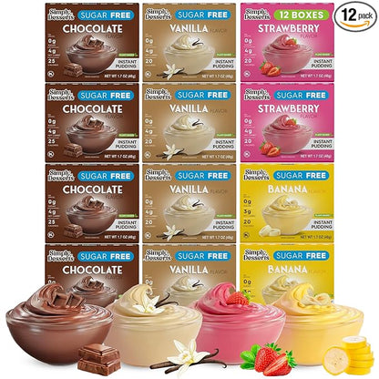 Simply Desserts Vanilla, Strawberry, Banana & Chocolate Instant Pudding, Sugar-Free, Variety 12-Pack – Gluten-Free Dessert, Keto Snacks, Diabetic Friendly & Kosher, 1.7 Oz Ea