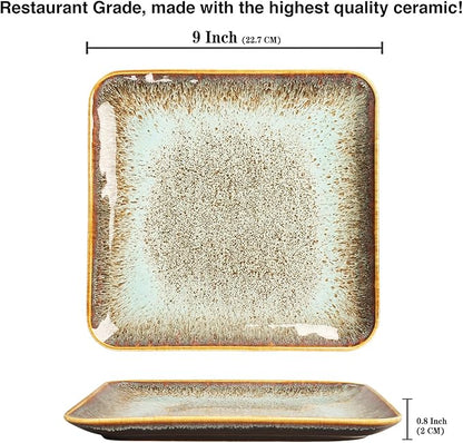 Ceramic Dinner Plates Dish Set,Set of 4,for Lunch snacks -Microwave Oven & Dishwasher Safe,Scratch Resistant,Dinnerware Kitchen Porcelain Serving Dishes,9 inch Square