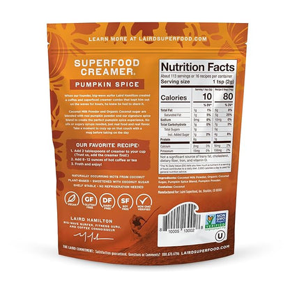 Laird Superfood Non-Dairy Original Superfood Pumpkin Spice with Real Pumpkin and Spices, Coconut Powder Coffee Creamer, Gluten Free, Non-GMO, Vegan, 8 oz. Bag, Pack of 1