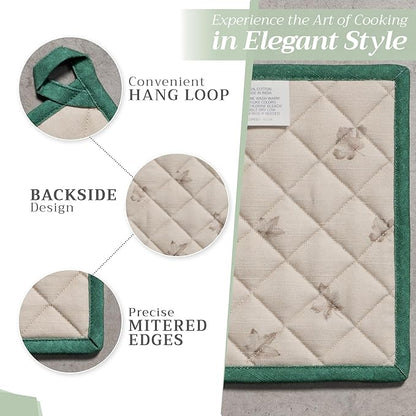 Maison d' Hermine Pot Holders Set 100% Cotton Heat Resistant Potholders 8" x 8" Hot Pads with Loop BBQ, Cooking, Baking, Grilling, Kitchen, Handling Hot Pans (Pack of 2, Recolte)