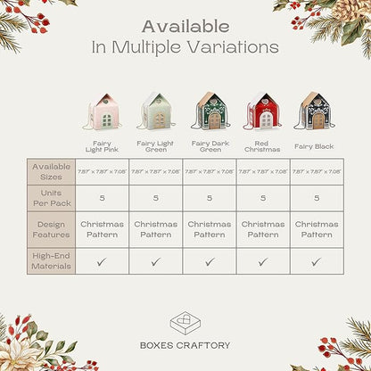Pack of 5 House Shaped Gift Boxes (7.87 x 7.87 x 7.08 inch) - Mansion Ideal for Presents and for Treats - Red Christmas