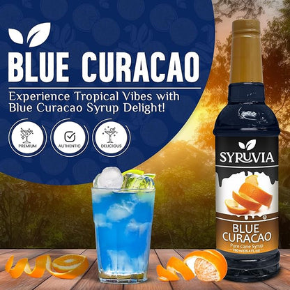 Syruvia Blue Curacao Syrup, Flavored Syrup for Cocktails, Drinks, Lemonades, Iced Teas, and Desserts – 25.4 fl oz, With Pump