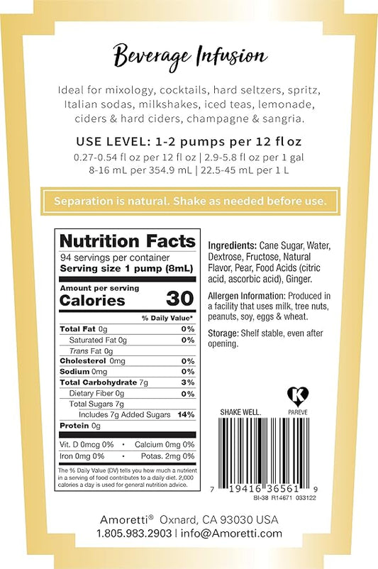 Amoretti - Pear Ginger Beverage Infusion, 94 Servings Per Bottle (750 ml) - Drink Mix & Water Enhancer with Pump for Flavoring Cocktails, Waters, Teas, and other Beverages, Preservative Free