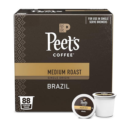 Peet's Coffee, Medium Roast Single Serve Coffee Pods - Single Origin Brazil 88 Count (4 Boxes of 22 Pods)