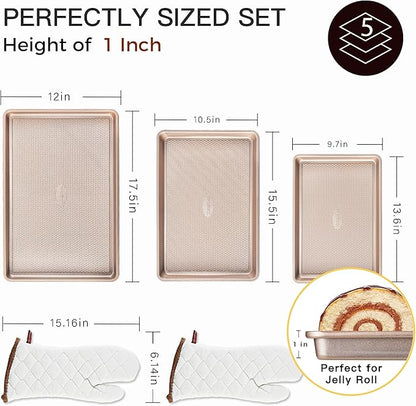 HONGBAKE 3 Pack Gold Nonstick Baking Sheet Pan Set with Oven Mitts Heat Resistant, Non-Toxic Half/Quarter/Jelly Roll Pans with Diamond Texture Pattern, Heavy Duty 0.8mm Thick Cookie Trays for Cooking