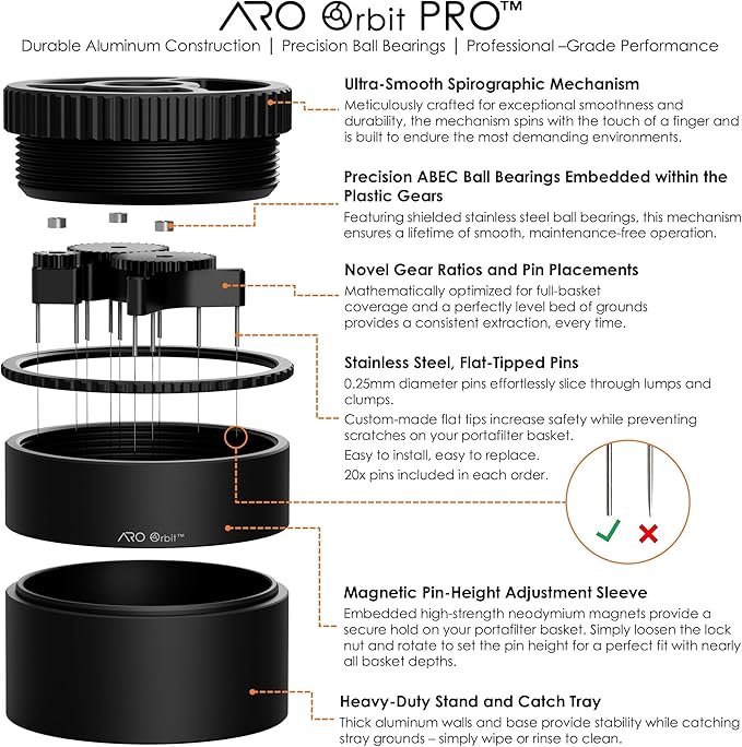 ARO Orbit PRO™ | Aluminum Spirographic WDT Tool | Mechanical Geared Spinning Distribution Tool for Home Baristas and Professional Cafés | Compatible with Breville 54mm Portafilters