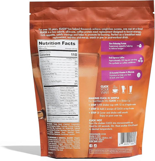 Click Coffee Protein Powder | Double Shot Espresso | 16g Protein | 23 Essential Vitamins | Low Calorie Meal Replacement | 150mg Caffeine | Gluten Free | No Artificial Flavors or Colors | Caramel