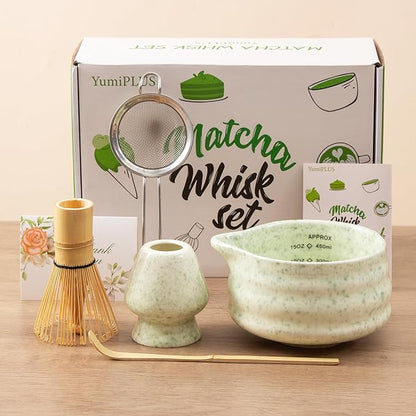 5pcs Premium Matcha Set,Ceramic Bowl with Spout and Bamboo Whisk set, Ceremonical Matcha Kit for breakfast/latte,Tea Starter Making Kit,Unique Matcha Gift set (green)