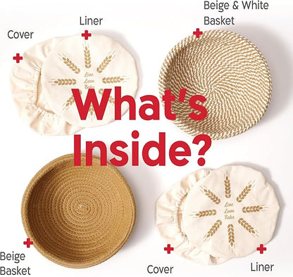 KneadAce Cotton Rope Banneton Bread Proofing Basket Set, 2 x Round Bread Basket with Liners & Covers for Artisan Bread Baking, Sourdough Bread Baking Supplies