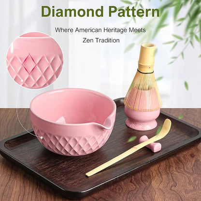 Matcha Whisk Set, 7 Pcs Matcha Kit, Ceramic Matcha Set Includes Matcha Bowl with Spout, Matcha Whisk and Holder, Bamboo Scoop, Scoop Rest, Sifter and Tea Towel (Cherry Blossom Pink)