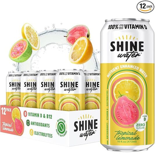 ShineWater Tropical Lemonade Vitamin D Electrolyte Drink | Zero Sugar Hydration Beverage with Magnesium, Zinc & Antioxidants | Low Calorie Plant-Based Vitamin Water | 12 Pack