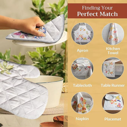 Maison d' Hermine 100% Cotton Oven Mitt & Pot Holder Set (7.5"x13" & 8"x8") Heat Resistant BBQ Cooking Gloves with Loop, Baking, Grilling, Kitchen, Handling Hot Pans (Fruit D'Hiver)