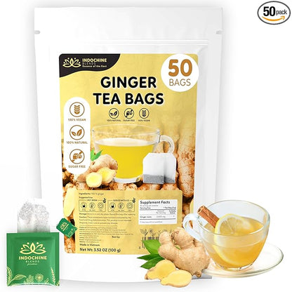 Indochine Blends, Ginger Tea Bags, 50 Teabags, 2g/bag, Individually Wrapped Envelopes, Caffeine-free, No Sugar, Healthy Belly Herbal Tea Supports Digestion & Boosts the Immune System