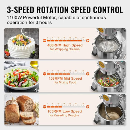 VEVOR Commercial Mixer 30Qt, Commercial Food Mixer Stainless Steel Bowl, 1100W Commercial Stand Mixer with 3 Speeds Adjustable, Dough Hook Whisk Beater Included, Perfect for Bakery Pizzeria, Silver