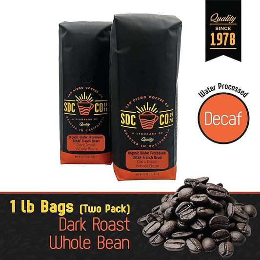 San Diego Coffee Organic French Roast DECAF, Dark Roast, Whole Bean Coffee, 16-Ounce Bags (Pack of 2) Café en grano tostado descafeinado