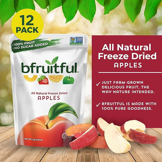 bfruitful Freeze-Dried Apple, Freeze Dried Fresh Fruit Bites, Gluten Free, Vegan, Dairy Free, Kosher, No Sugar Added, Non GMO, Healthy Snacks for Kids or Adults, 0.56 oz Single-Serve Snack Packets, 12 Pack