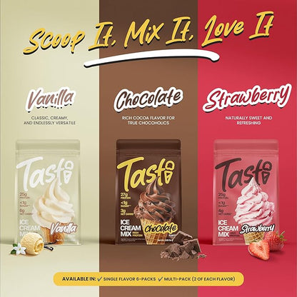 TASTI High-Protein Ice Cream Mix - Chocolate, Vanilla, & Strawberry Low Sugar Ice Cream Powder - Made for Ninja Creami, Soft Serve Mix with <200 Calories (6-Pack, 2 of Each Flavor)