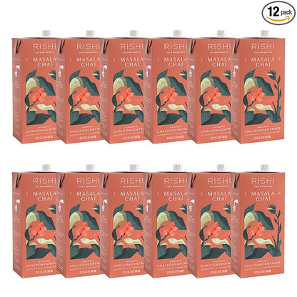 Rishi Tea Masala Chai Latte - Organic Black Tea Concentrate, Easy-to-Serve Hot or Iced Chai Mix - 32 fl oz Carton, 8 Servings (Pack of 12)