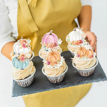 42Pcs Edible Pumpkin Cupcake Toppers Autumn Thanksgiving Theme Party Wafer Paper Flowers Pumpkin Cupcake Toppers Baby Gender Reveal Party Supplies
