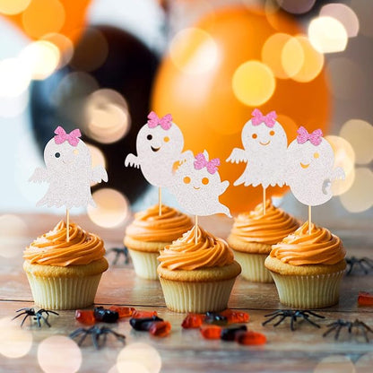 24Pcs Ghost Cupcake Toppers - Pink & White Halloween, Baby Shower, Ghost & Gender Reveal Decorations