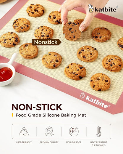 Katbite Silicone Baking Mat Colorful Collection - Set of 3: 2 Half Sheets Mats (11 5/8" x 16 1/2") + 1 Quarter Baking Sheet, Reusable & Nonstick Bakeware Mats for Cookies, Macarons, Bread (Pink)
