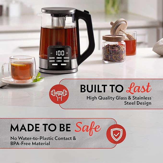 Gourmia Electric Programmable Glass Kettle – 1.7L Temperature Control Tea & Coffee Kettle with Digital Touch Display, 6 Presets, Keep Warm, Removable Stainless Steel Infuser, 360° Swivel Base – Red