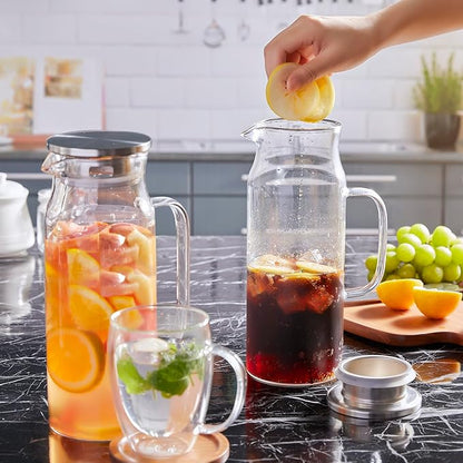 1.6 Liter 54 oz Glass Pitcher with Lid and Spout, Bivvclaz Glass Carafe Water Pitcher for Hot/Cold Water, Iced Tea, Drinks, Coffee, Juice and Homemade Beverage