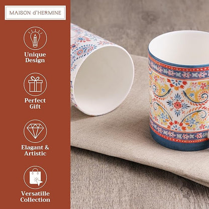 Maison d' Hermine Coffee Mug with Handles Fine Bone China Mugs Pack of Two Tea Cups for Hot Beverages Cappuccino Latte Home Restaurant Office Perfect for Gift (Indian Floral, 12 Ounce)