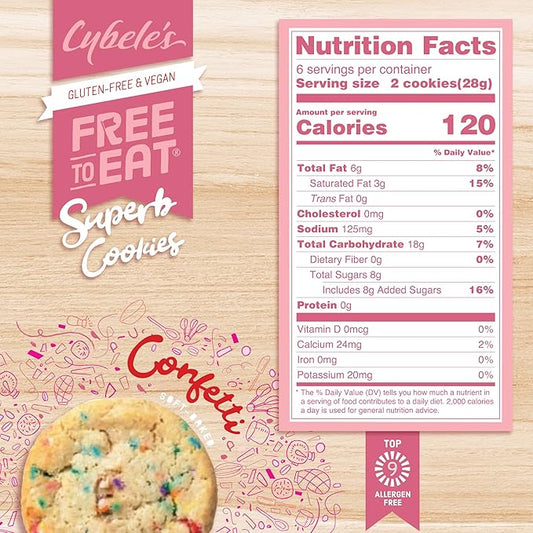 Cybele’s Free To Eat Gluten-Free & Vegan Cookies - Plant-Based, Dairy, Soy, & Nut Free - Soft-Baked School Safe Snack For Kids & Adults - 12 Cookies Per 6 oz Box (Confetti, Pack of 1)