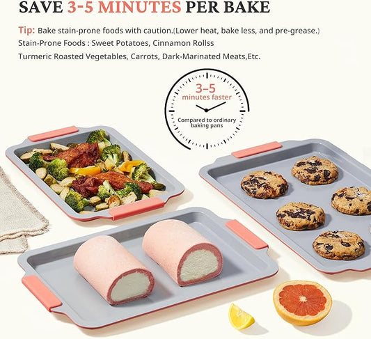 BRONYPRO Non Stick Ceramic Baking Sheet Pan Set of 3, Natural Non Toxic Cookie Sheets for Baking - PFOA, PTFE Free, Heavy Duty Aluminized Steel Oven Trays for Cooking with Silicone Handles, Coral