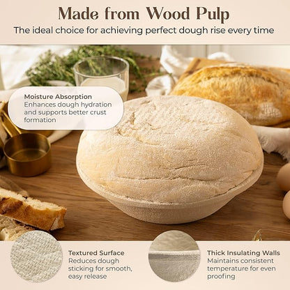 Sourdough Proofing Basket and Starter Jar Kit – 2.2 LB Round Wood Pulp Banneton with Grooved Pattern (Made in Germany) and 34 oz Sourdough Starter Jar, Thermometer Strips & Spatula –Bread Proofing Set