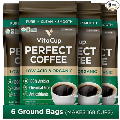 VitaCup Perfect Low Acid Coffee Ground, USDA Organic & Fair Trade, Dark Roast Guatemala Single Origin, Clean & Pure for Drip Coffee Brewers and French Press, 6 bags, 11oz each