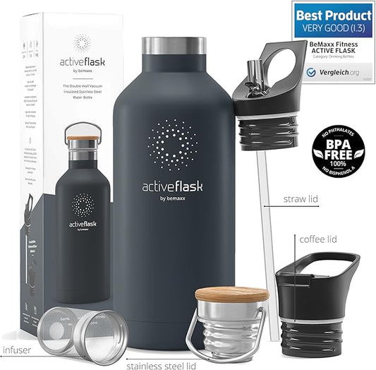Stainless Steel Water Bottle with Straw, Infuser & 3 Lids: 18/32 OZ Leak-Proof Vacuum Insulated ACTIVE FLASK Drinking Bottles Hot Cold: Double Walled Outdoor Drink Thermo Mug Tea Coffee Sport Gym Bike