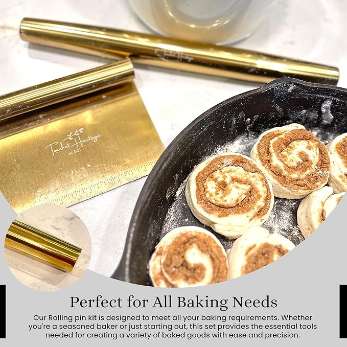 French Rolling Pin and Dough Scraper Set | Gold Bench Scraper Tool | Rolling Pin For Dough | Bread Making Accessories | Metal Bread Dough Cutter | Sourdough Scraper | Rolling Pin for Baking, small
