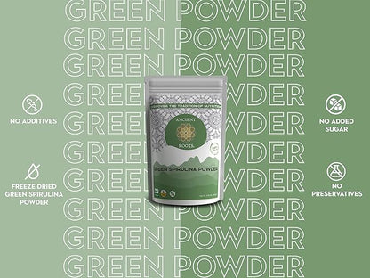 Ancient Roots Green Spirulina Powder - Freeze-Dried, All-Natural, No Sugar Added, Mix with Smoothies, Natural Food Coloring, Resealable Pouch - 10.5 Ounces (75 Servings)