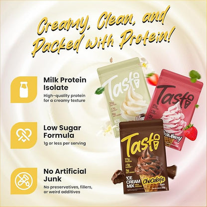 TASTI High-Protein Ice Cream Mix - Chocolate, Vanilla, & Strawberry Low Sugar Ice Cream Powder - Made for Ninja Creami, Soft Serve Mix with <200 Calories (6-Pack, 2 of Each Flavor)