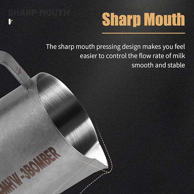 MHW-3BOMBER Milk Frothing Pitcher, 16oz/450ml Milk Frother Cup for Barista, SUS304 Stainless Steel Espresso Steaming Pitchers for Milk/Coffee/Latte Art, P3027SS-OS