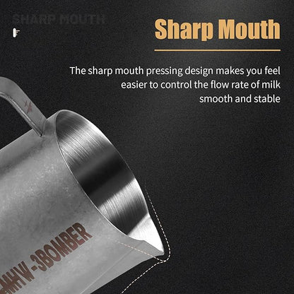 MHW-3BOMBER Milk Frothing Pitcher, 16oz/450ml Milk Frother Cup for Barista, SUS304 Stainless Steel Espresso Steaming Pitchers for Milk/Coffee/Latte Art, P3027SS-OS