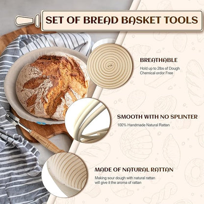 Banneton Bread Proofing Basket Set of 2, 9 Inch Round Sourdough Proofing Basket, Sourdough Starter Kit, Sourdough Bread Baking Supplies with Dough Scraper, Danish Dough Whisk, Bread Lame, Bowl Scraper