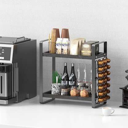 LEMIKKLE Coffee Station Organizer,Compatible with Nespresso Classic Pods 24pcs,Coffee Bar Accessories and Cup Storage Organizer, Wood Counter Shelves for Kitchen, Office, Countertop（Black