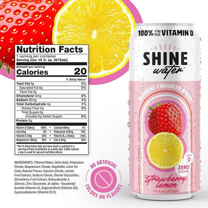 ShineWater Strawberry Lemon Vitamin D Electrolyte Drink | Zero Sugar Hydration Beverage with Magnesium, Zinc & Antioxidants | Low Calorie Plant-Based Vitamin Water | 12 Pack