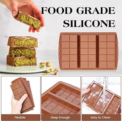4 Pcs Chocolate Bar Mold Deep Dubai 0.85 Inch Stuffed Chocolate Molds Silicone Large Break Apart Silicone Molds (10 Snap + Pyramid)
