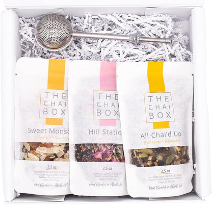 The Chai Box Top Selling Loose Leaf Tea Gift Set - Featured in Oprah's Favorite Things | 3-Flavor Caffeinated Chai Tea Gift Box with Stainless Steel Steeper (3 Pack) | Small Batch Loose Leaf Tea with Whole, Premium Spices