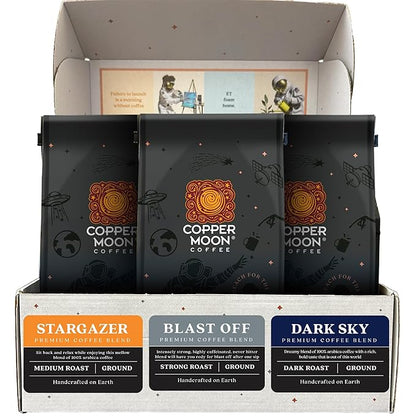 Copper Moon Coffee Gift Box, Ground Coffee Variety Pack, Medium Roast, Dark Roast and Strong Roast blends, 12 oz. bags.