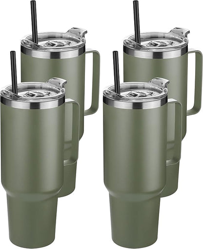 HASLE OUTFITTERS 40 oz Stainless Steel Tumbler with Handle, Vacuum Insulated Tumblers Bulk, Reusable Double Wall Travel Coffee Mug, Durable Powder Coated Water Bottles(Army Green, 4)