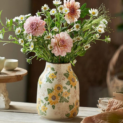 Vintage Ceramic Vase, 7.7 Inch Chinoiserie Sunflower Floral Vases, Rustic Farmhouse Antique Flower Vases for Home Decor Modern Aesthetic Tuscan Decorations (Conical)